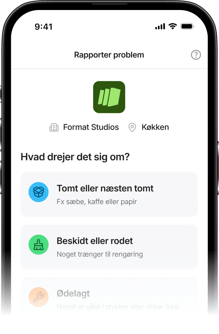 Jiffy report-issue skærm på en telefon